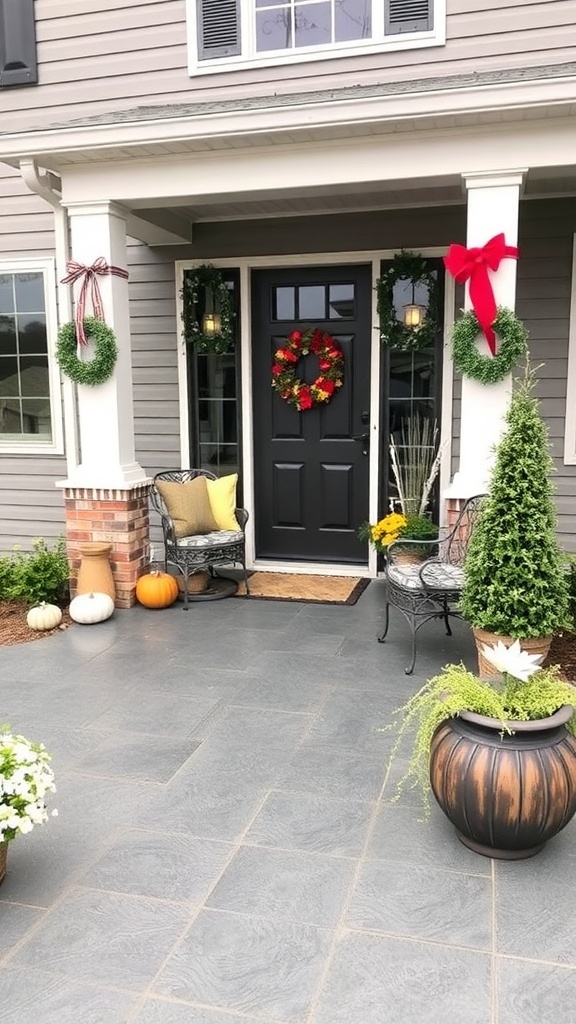 A beautifully designed dark gray stamped concrete patio with a fire pit and seasonal decor.