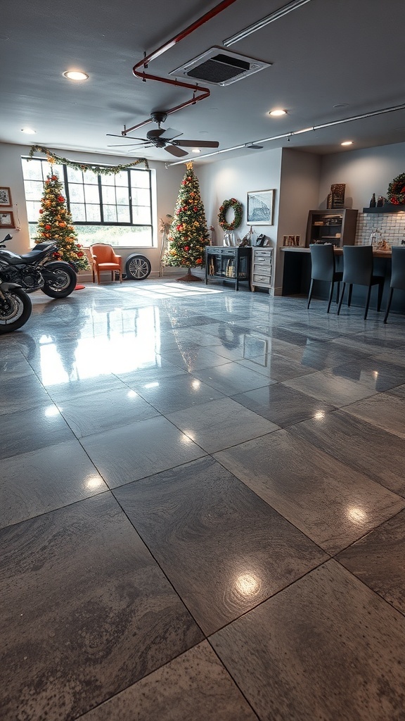 A stylish garage with metallic epoxy flooring, decorated for the holidays with Christmas trees and festive decor.