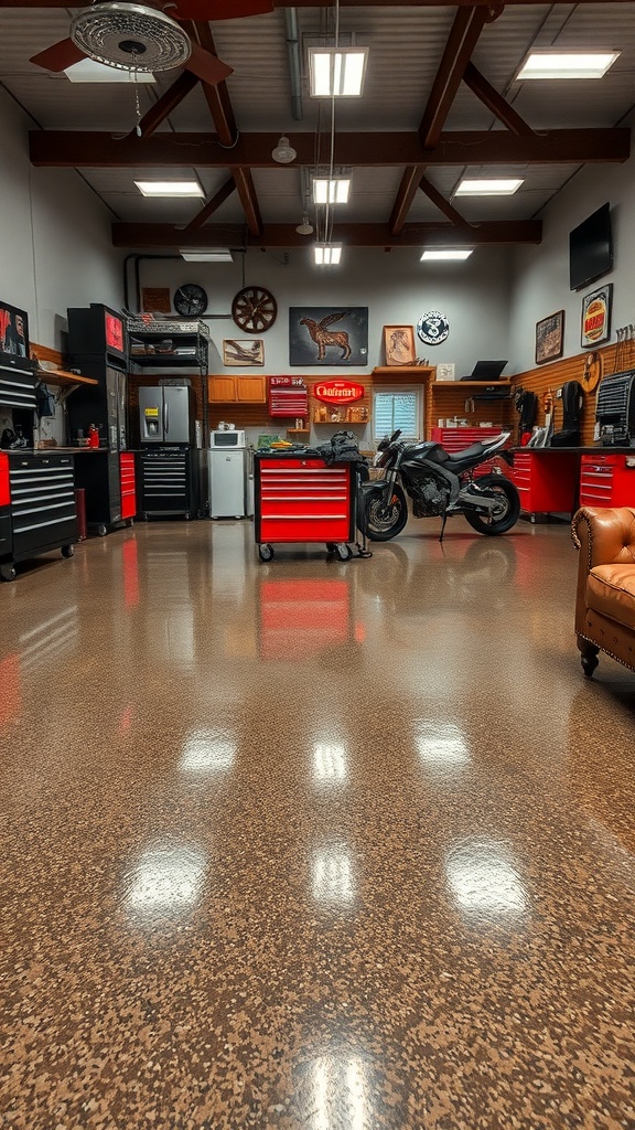 A well-designed garage workshop with a shiny epoxy floor, showcasing tools and a motorcycle.