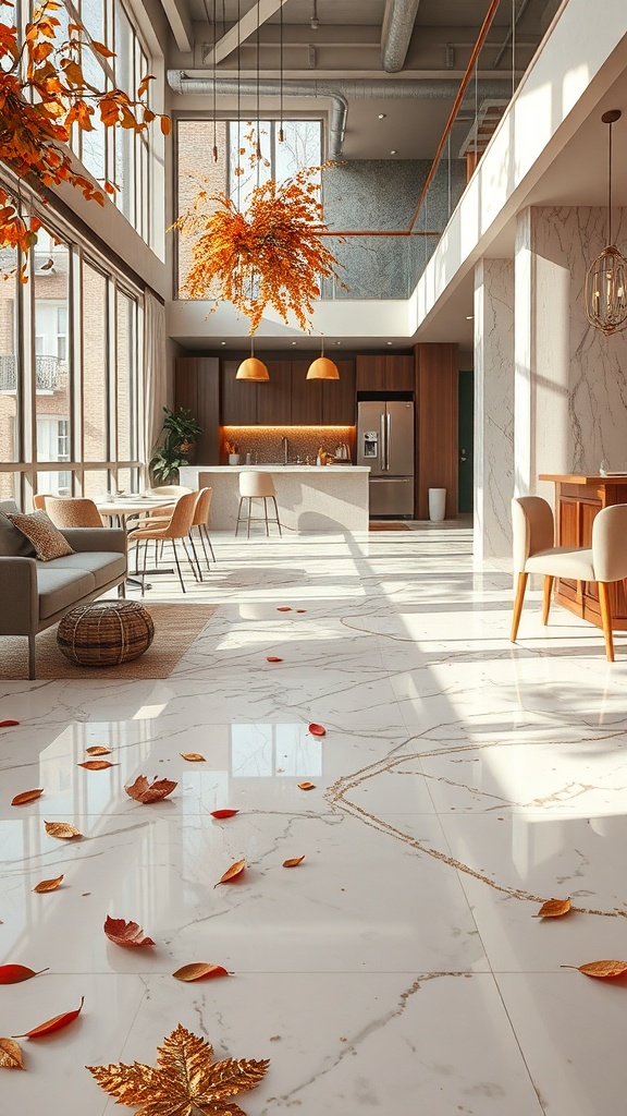 A modern interior with marble epoxy flooring and autumn leaves scattered on the floor.