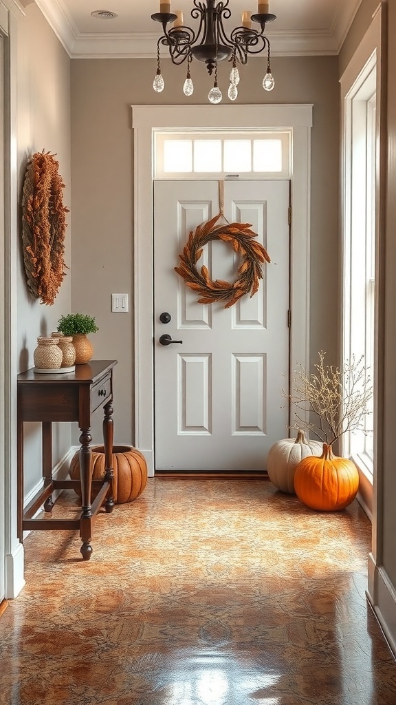 A modern living room with a marble-look epoxy floor decorated with autumn leaves.