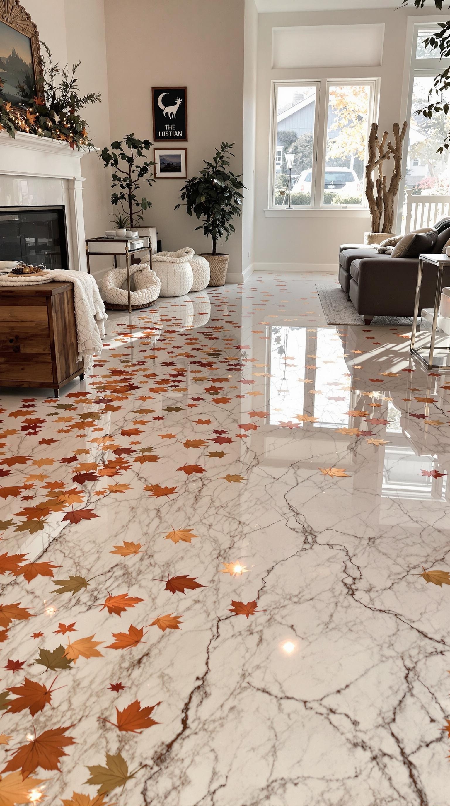 A beautifully designed epoxy floor with autumn leaves, showcasing a seasonal theme.