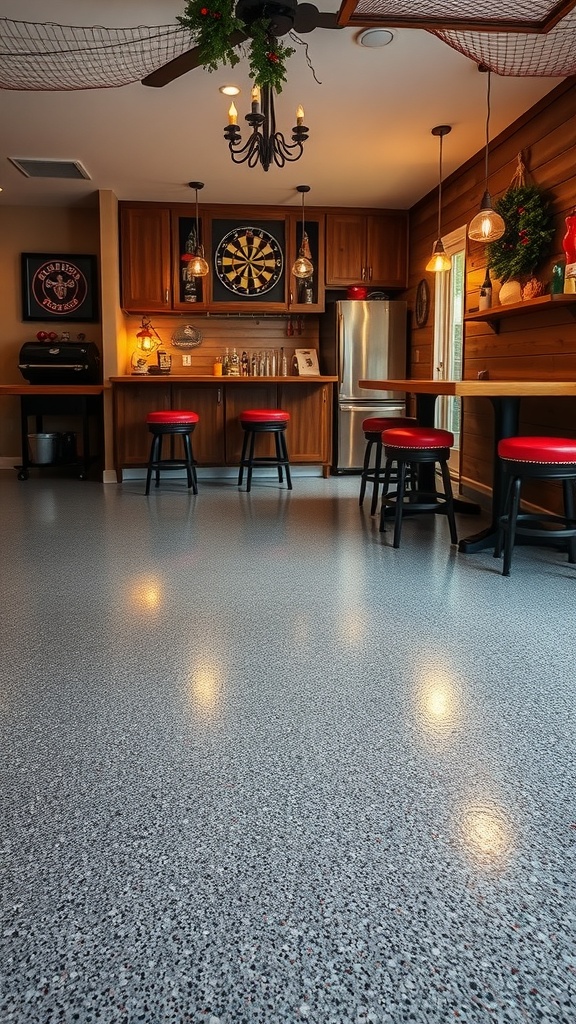 A cozy indoor garage bar with polished epoxy flooring, showcasing a rustic design and festive decorations.
