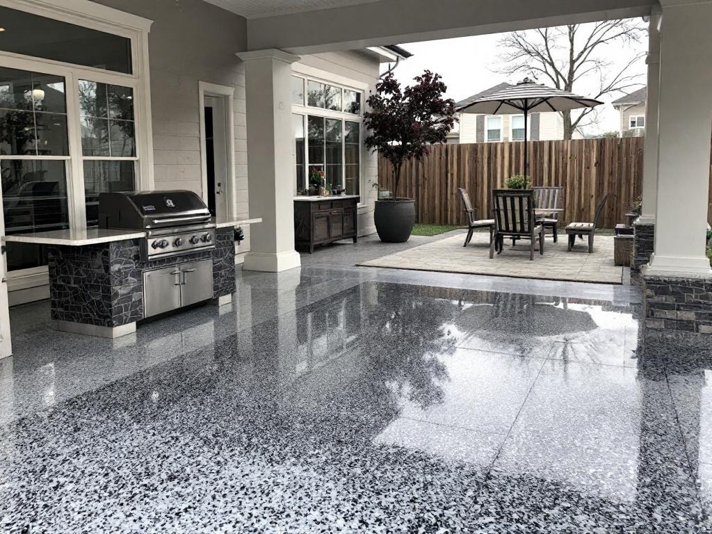 Outdoor barbecue station with glossy epoxy floor and grill