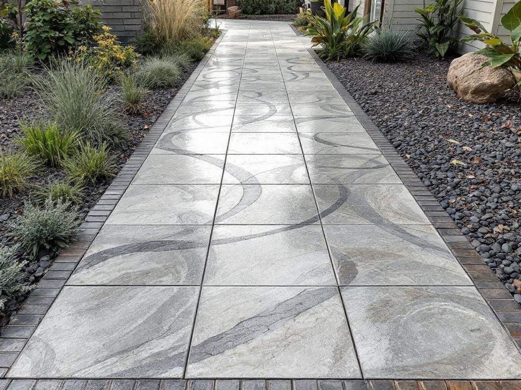 A beautiful stamped concrete pathway surrounded by greenery, showcasing artistic patterns.