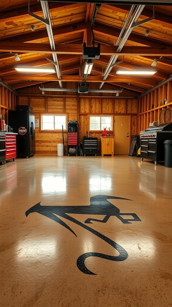 A rustic garage with a polished epoxy floor featuring a unique design.