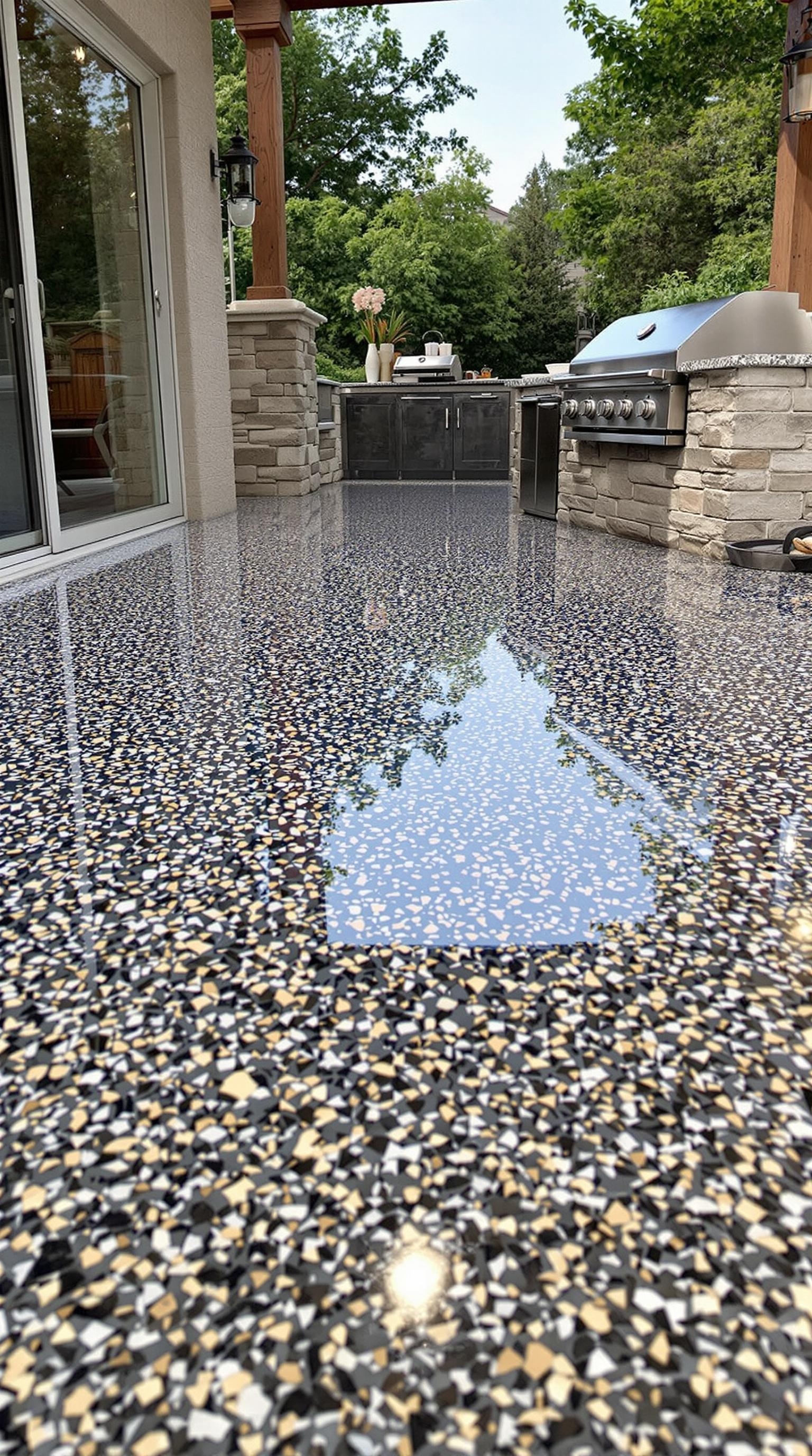 A glossy epoxy floor in an outdoor kitchen, reflecting the surroundings and showcasing unique textures.