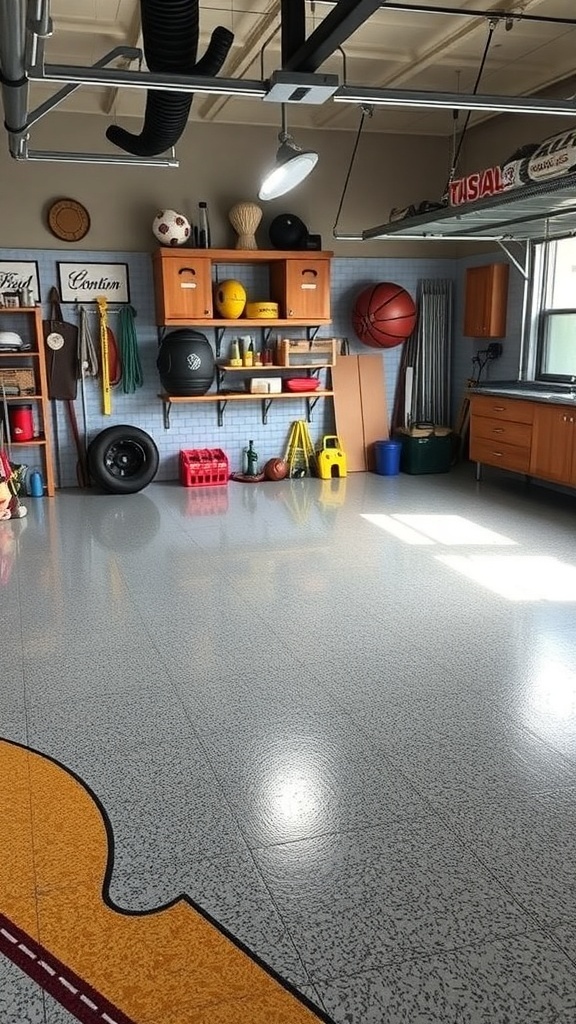A modern garage with a sleek black car on a stylish flake epoxy floor.