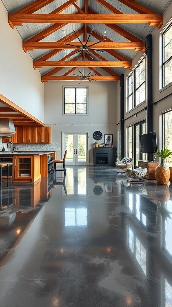 Interior of a modern barndominium featuring a polished epoxy floor and timber beams.