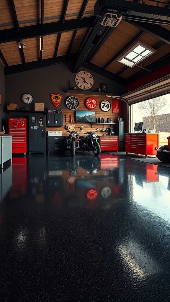 A garage workshop featuring a sleek black epoxy floor, showcasing tools and a motorcycle.