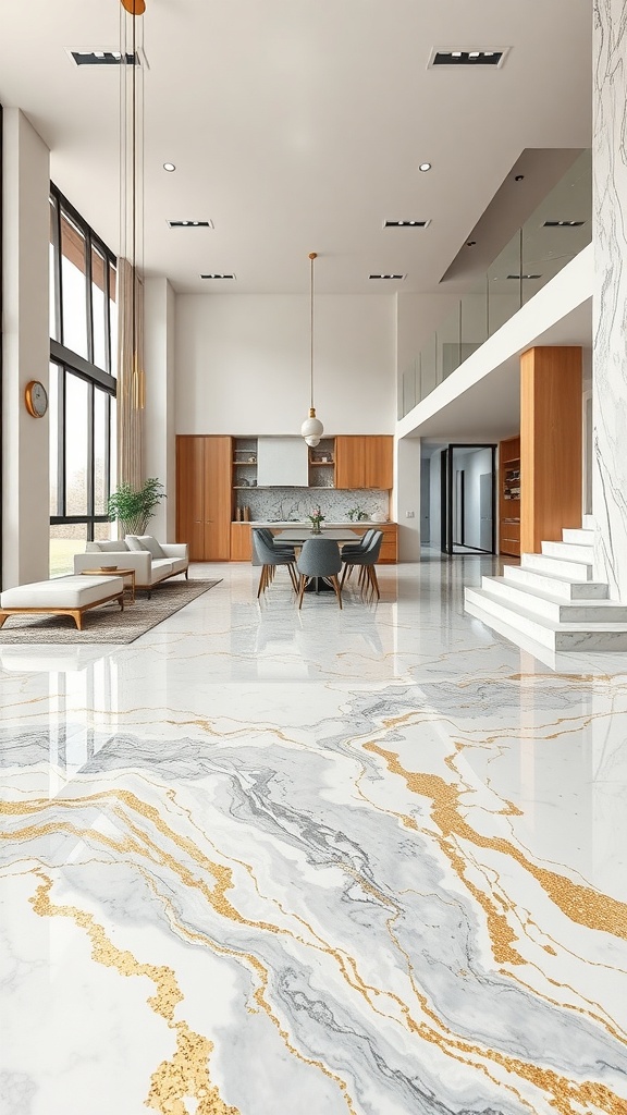 A modern interior featuring a marble effect epoxy floor with gold accents, showcasing a stylish dining area.