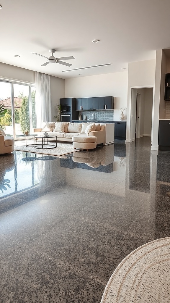 Modern living room with sleek metallic epoxy flooring, showcasing a stylish and durable interior.