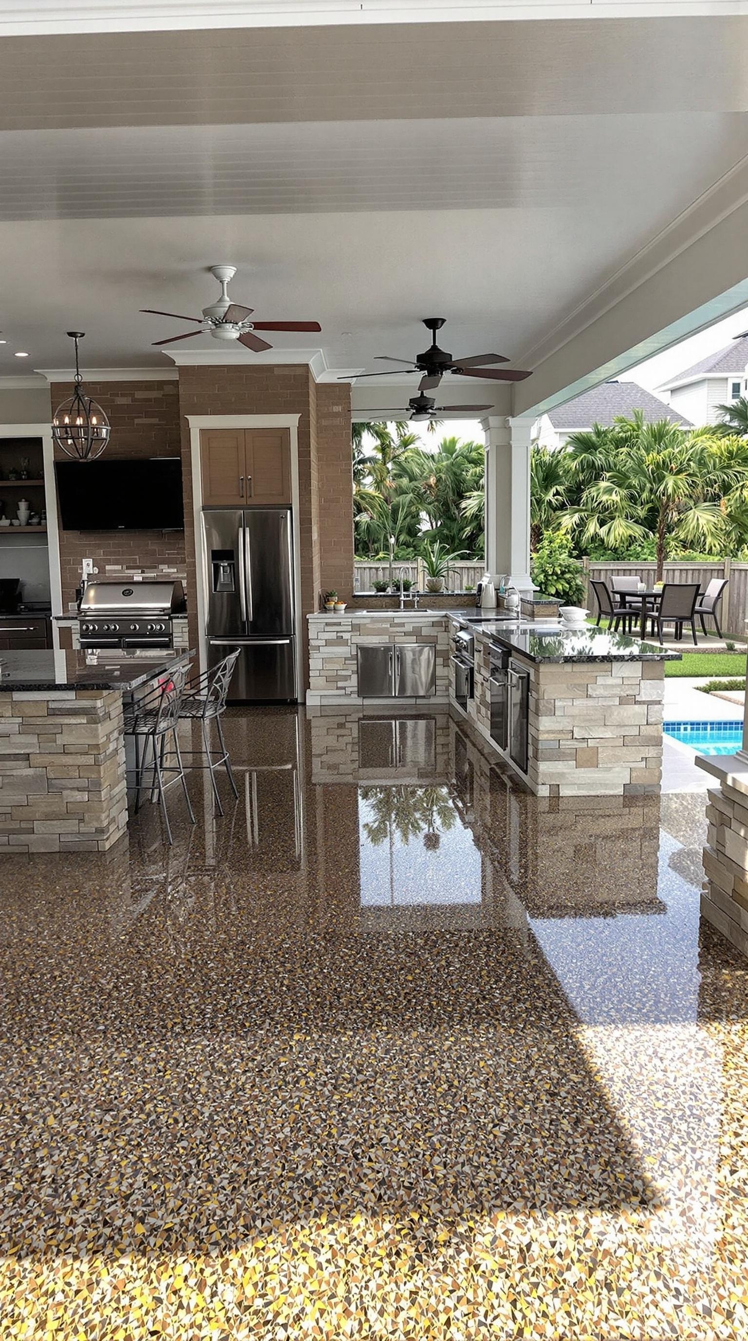 A beautifully designed outdoor kitchen featuring slip-resistant epoxy floors, showcasing a modern BBQ area.