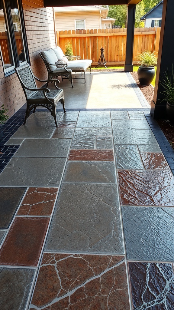 Smooth finish stamped concrete patio with various patterns and colors