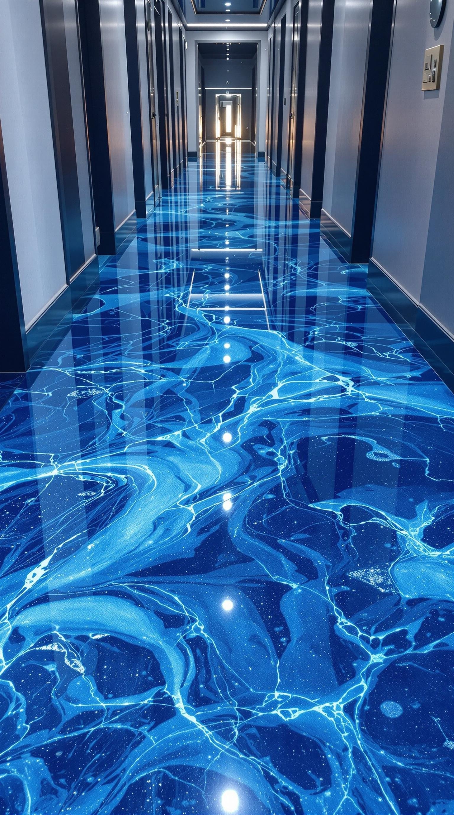 A hallway featuring glossy soft pastel blue epoxy flooring with a wave-like pattern.