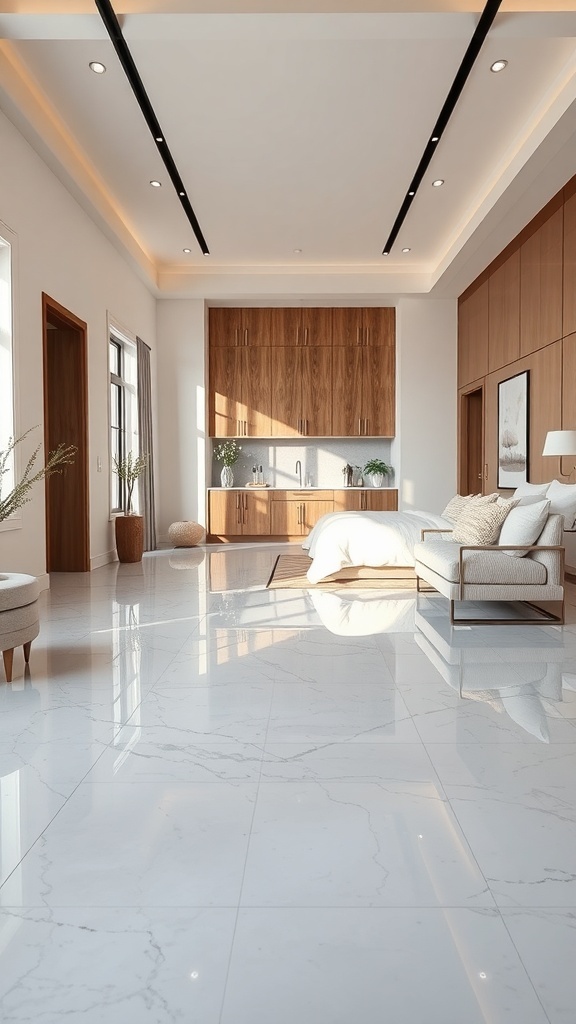 A spacious modern room with polished marble epoxy flooring, featuring soft pastel tones and natural wood accents.