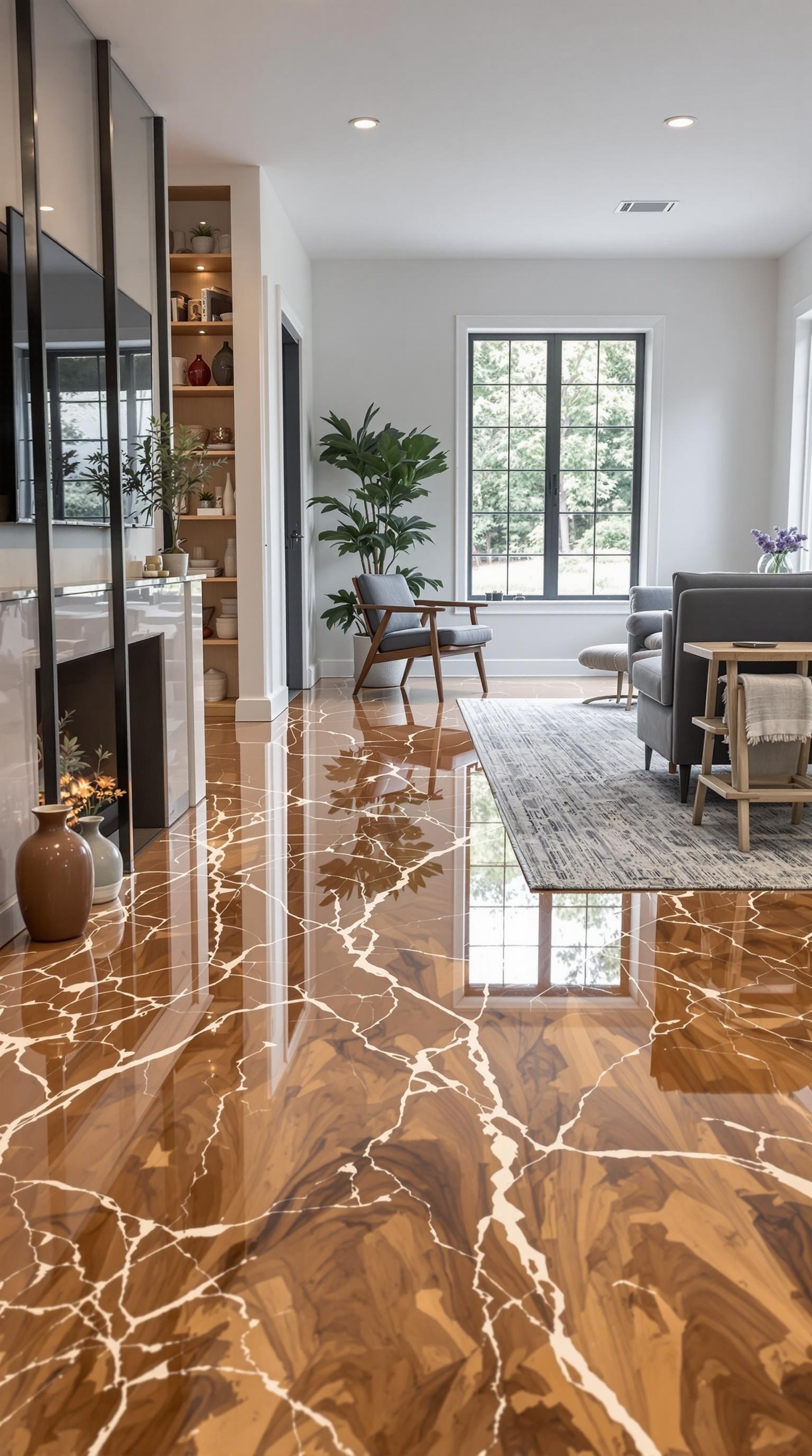 A beautifully designed living room with a glossy marble epoxy floor, showcasing a modern aesthetic.