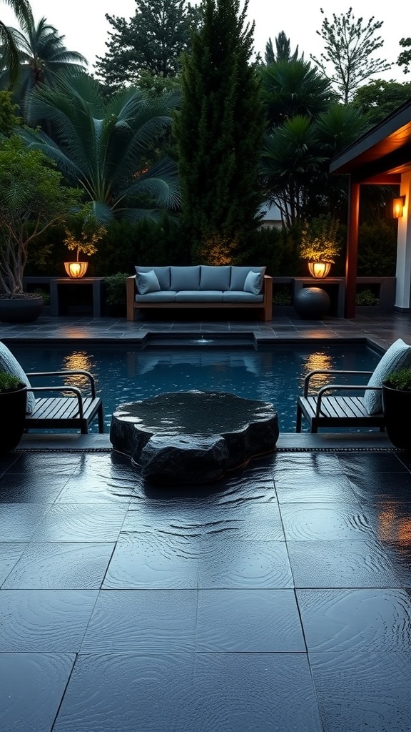 A sophisticated poolside retreat featuring a black epoxy patio, stylish seating, and lush greenery.