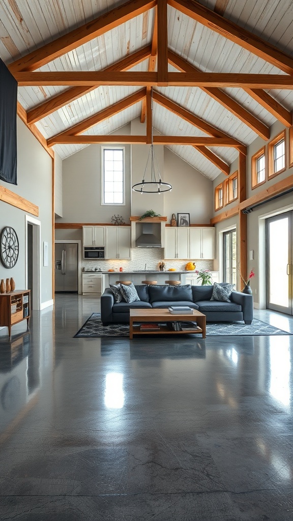 Modern barndominium interior with epoxy flooring and timber frame