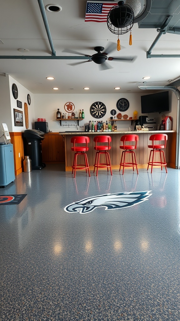 A stylish garage bar with a polished epoxy floor featuring a sports team logo, red bar stools, and a well-stocked bar area.