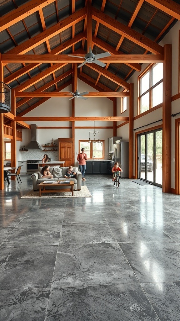 Interior of a modern barndominium showcasing a polished epoxy floor and timber frame design.