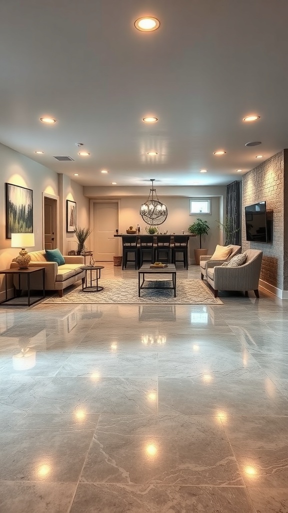 Modern living room with epoxy concrete flooring and stylish decor
