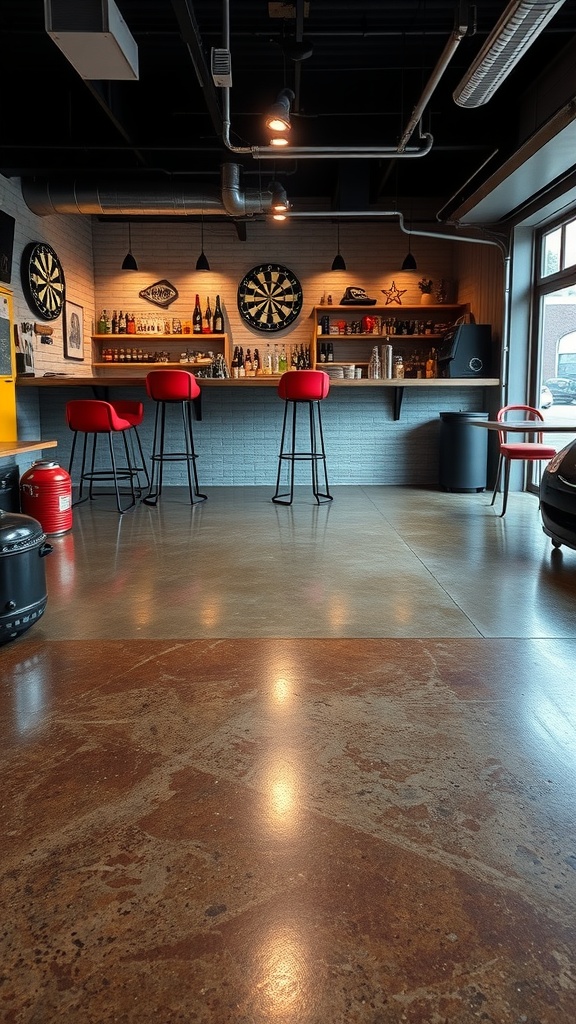 Stylish garage bar with a stained concrete look epoxy floor and rustic bar counter.