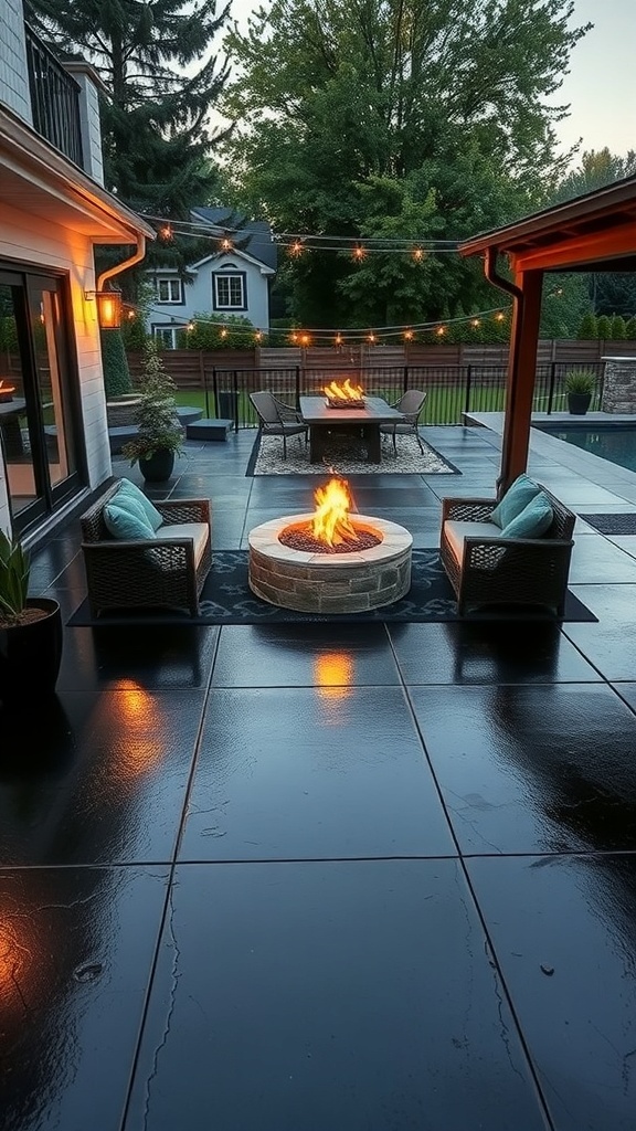 A cozy outdoor patio featuring a rustic fire pit surrounded by a glossy black epoxy floor, creating a warm and inviting atmosphere.