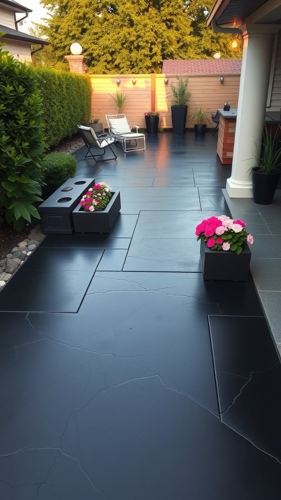 A modern black epoxy stained concrete patio with integrated planters and colorful flowers.