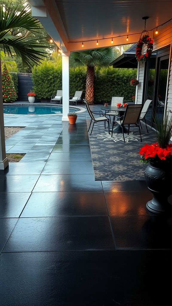 A black epoxy-stained concrete patio with seasonal decor, featuring string lights and vibrant flowers.