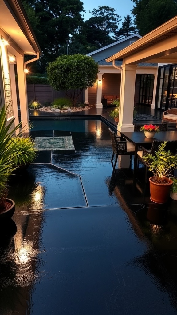 A modern black epoxy stained concrete patio with water features and outdoor lighting.