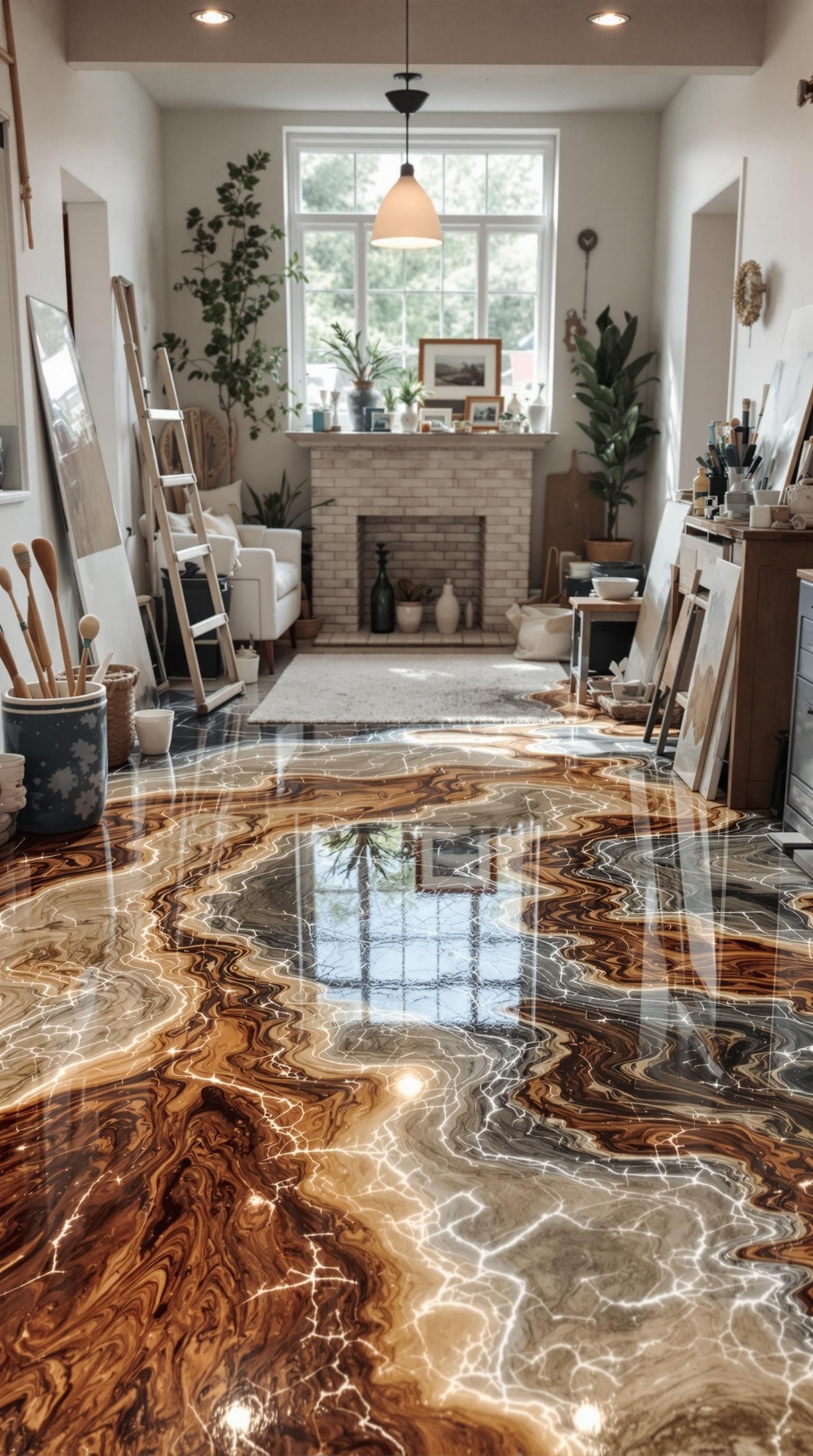 A beautifully designed epoxy floor with stained glass effects, showcasing intricate patterns and colors.