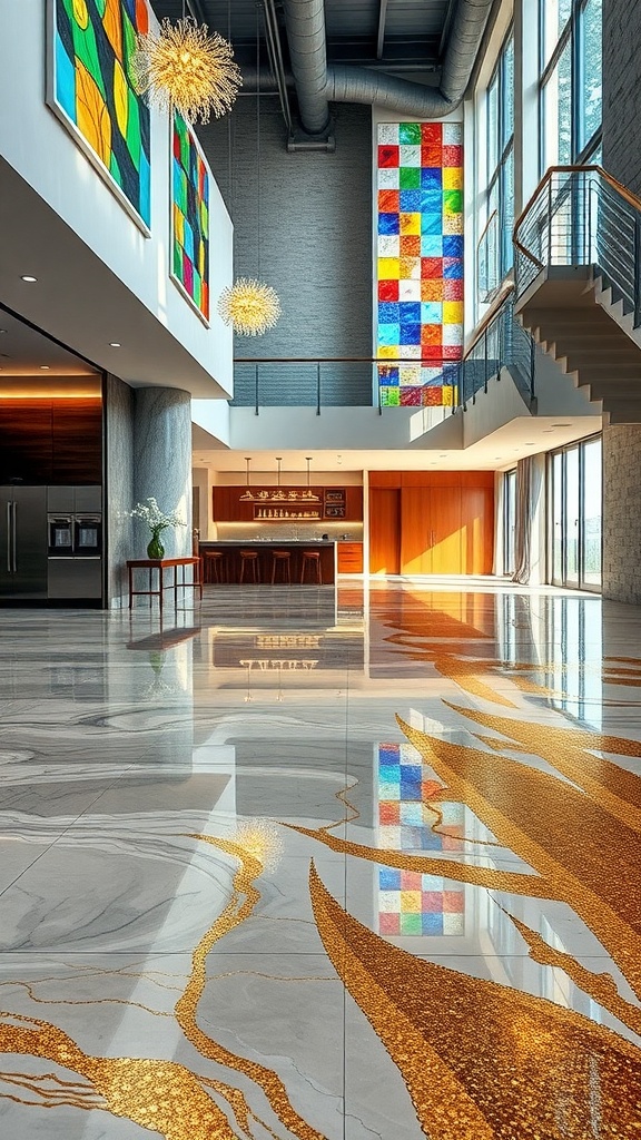A modern interior featuring stained glass epoxy flooring with gold flake accents, complemented by colorful wall art.