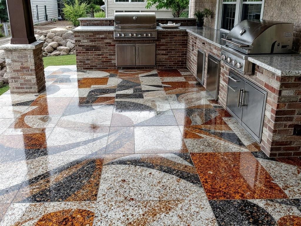 Stenciled epoxy floor design in an outdoor barbecue station