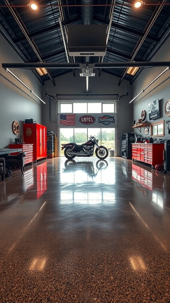 A stylish garage workshop featuring a motorcycle and a high-gloss epoxy floor, showcasing red tool cabinets and a modern layout.