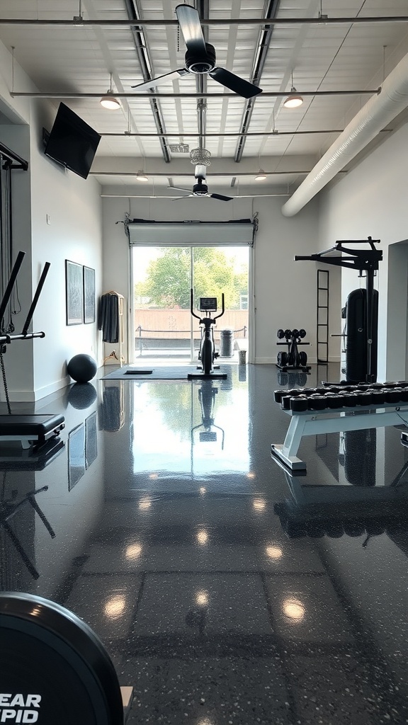 A modern home gym featuring a sleek epoxy floor, workout equipment, and large windows.