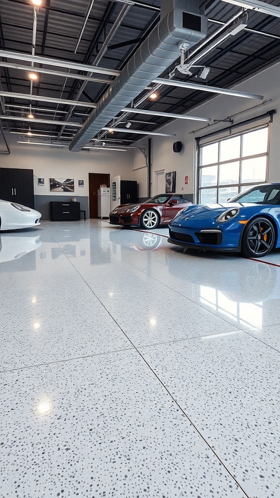 A modern garage with shiny epoxy floors and luxury cars.