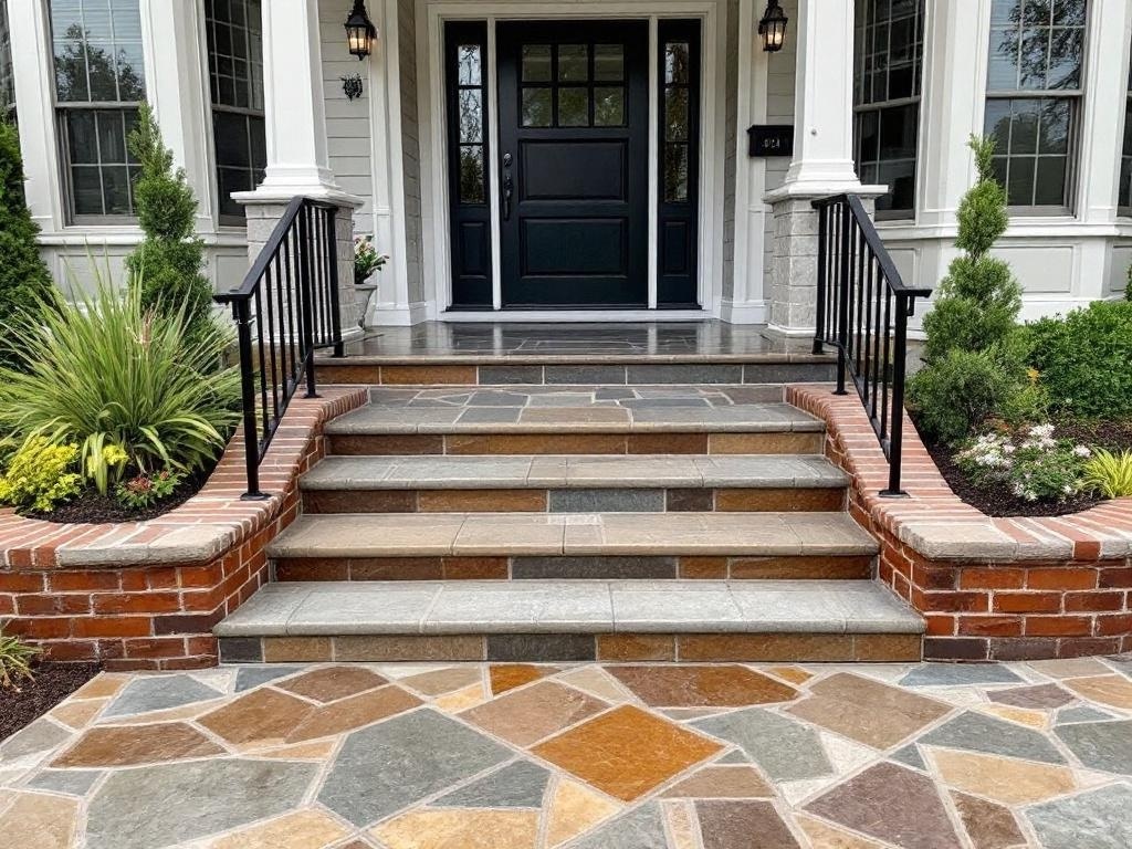 Stylish stamped concrete steps leading to a front door with a black door and decorative landscaping.