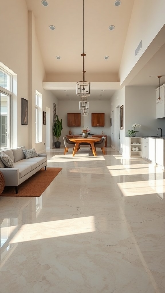 A spacious living area with a marble-look epoxy floor, featuring a modern dining table and bright natural light.