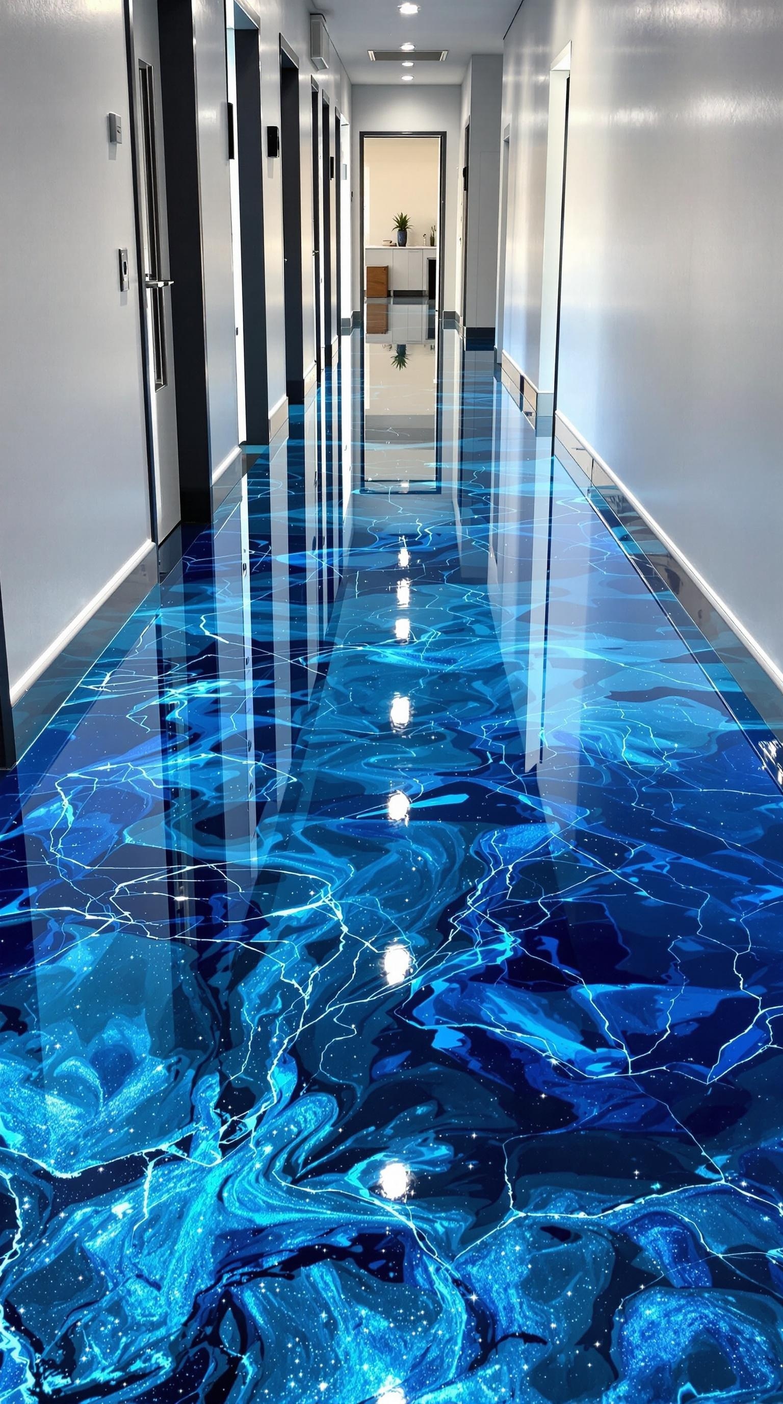 A hallway featuring glossy blue metallic epoxy flooring with ocean-inspired patterns.