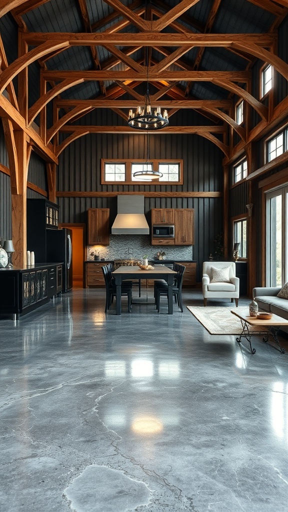 Interior of a barndominium featuring polished epoxy flooring and wooden beams.