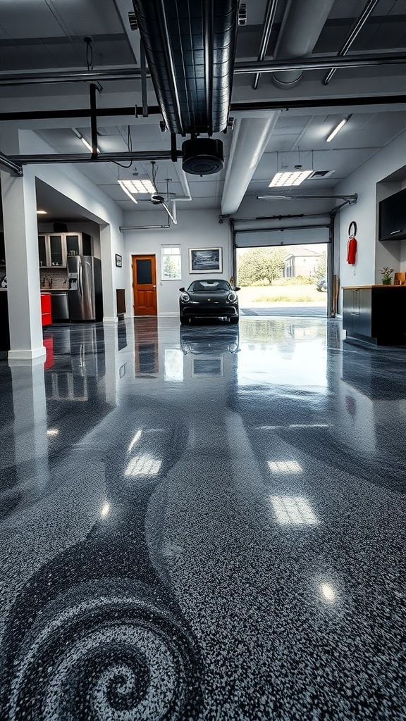A modern garage with a glossy epoxy floor, showcasing its reflective surface and spacious design.