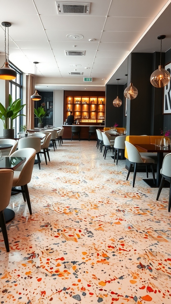 A stylish restaurant interior with colorful terrazzo epoxy flooring, showcasing vibrant chips in a resin base.