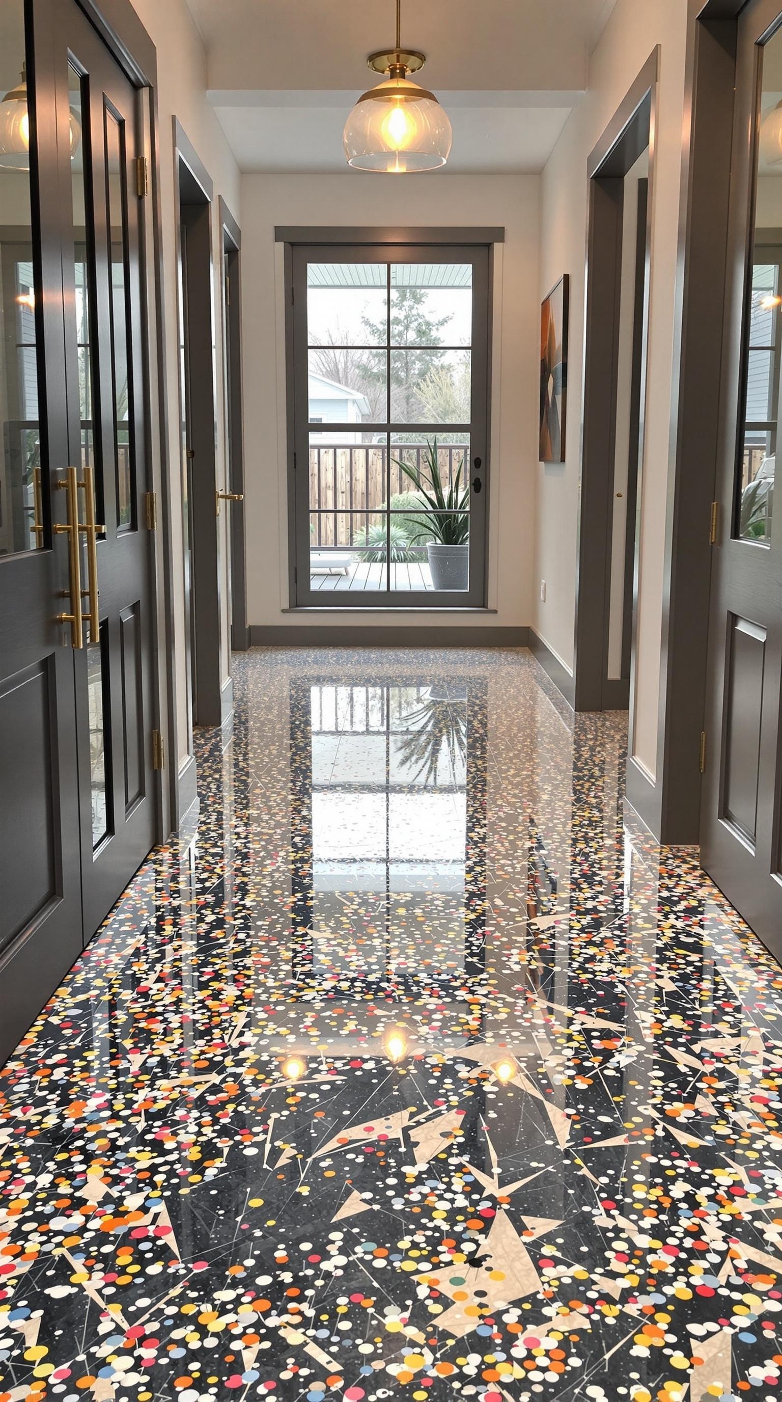 Colorful terrazzo inspired epoxy floor in a modern hallway