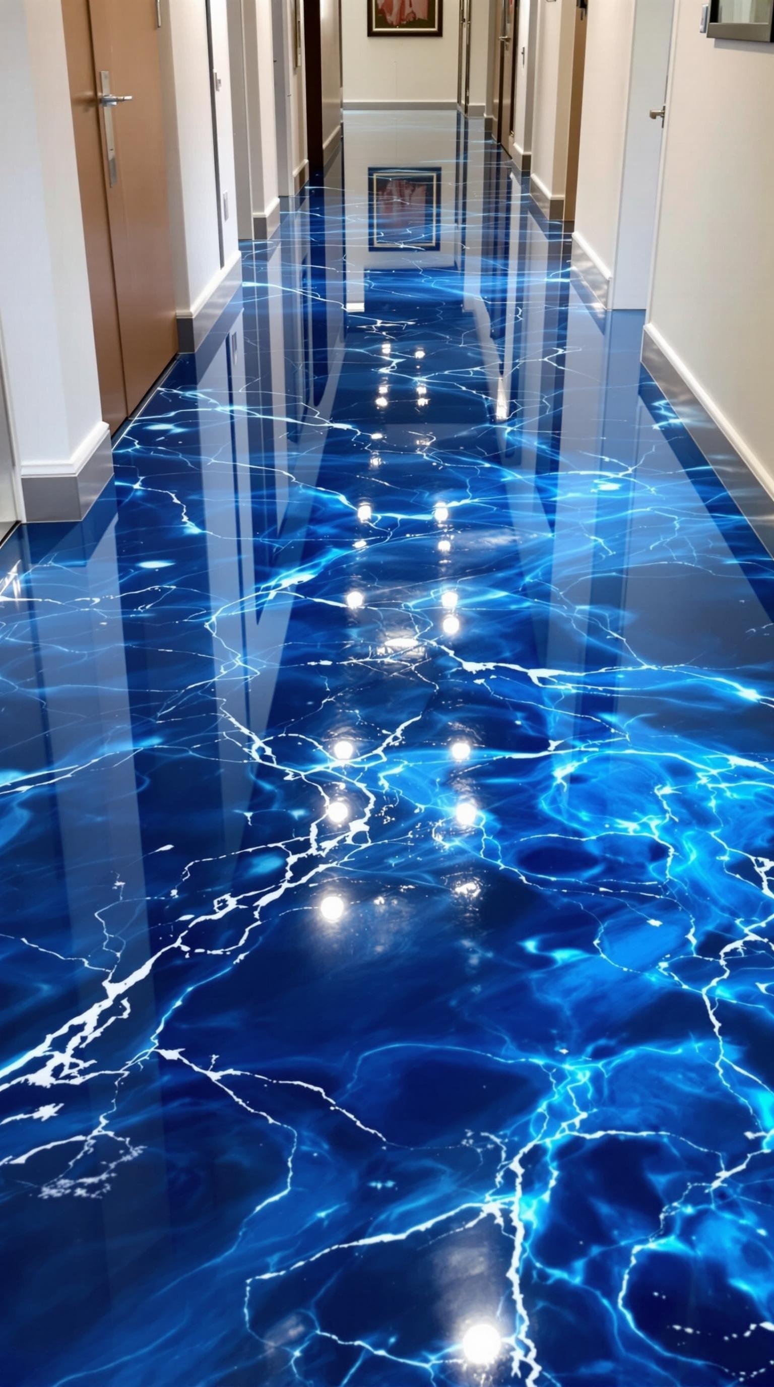 A hallway featuring a glossy blue epoxy floor with a textured stone finish.