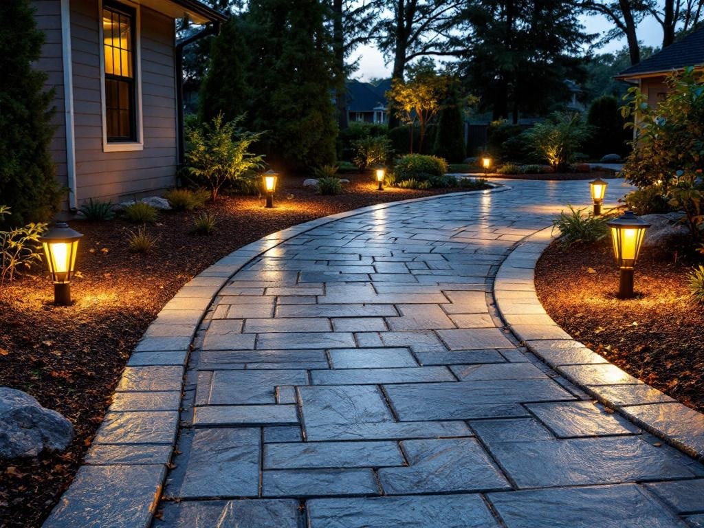 A beautifully lit stamped concrete pathway winding through a landscaped yard.