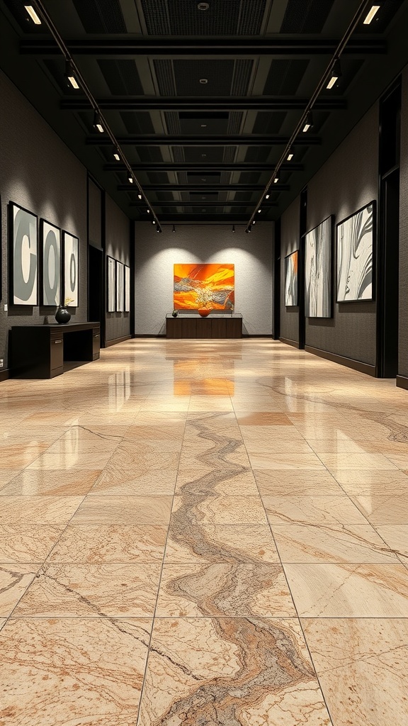 A spacious gallery with a marble concrete floor, featuring modern art on the walls.