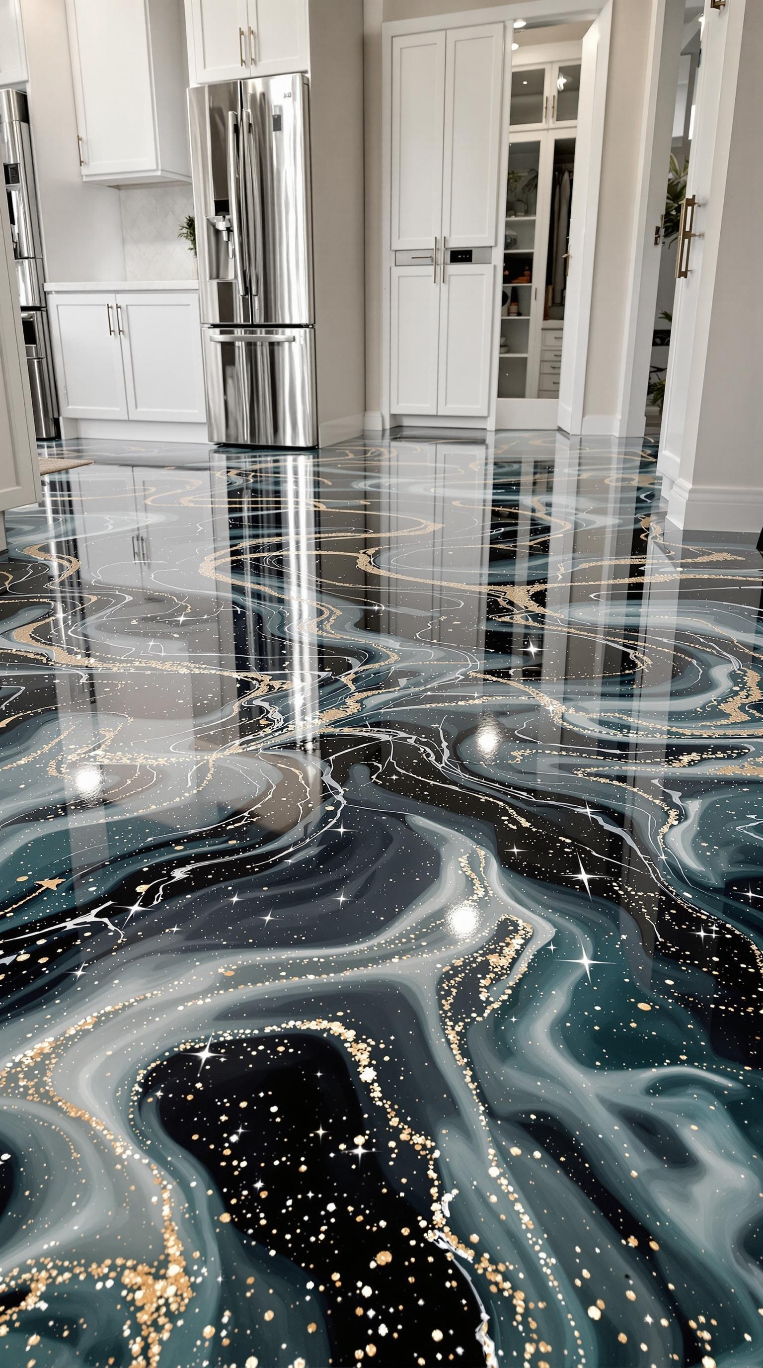 A beautifully designed metallic epoxy floor with swirling patterns and glitter accents.