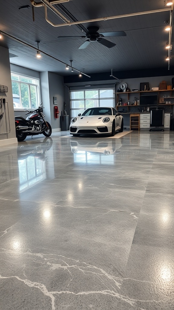 A sleek gray epoxy floor in a modern garage with a luxury car and motorcycle.