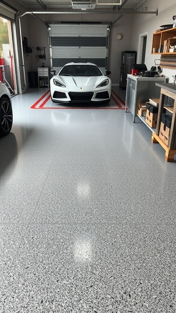 A modern garage with a sleek white car and a textured epoxy floor.